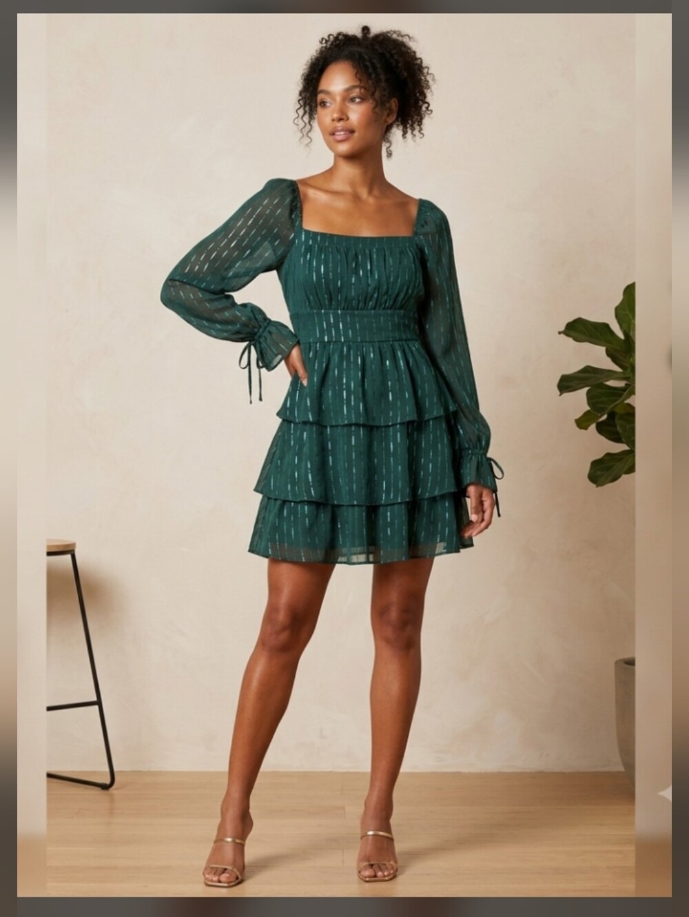 Altar'd State Emerald Green Tiered Square-Neck Mini Dress Shimmer Size Small
